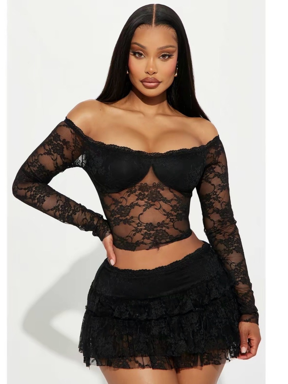 FASHION NOVA Black Lace Off Shoulder Corset Top & Mini Skirt Set XS